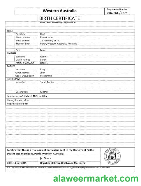 Australia Western Australia birth certificate template in Word format, version 2
